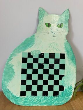 Vintage Shabby Chic Large Wooden Cat Chess Checkers Board Cottage Decor 70s